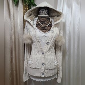 ♡ Y2K ♡ Blingy Button Cozy Cream Hooded Cardigan with Faux Fur Pompoms